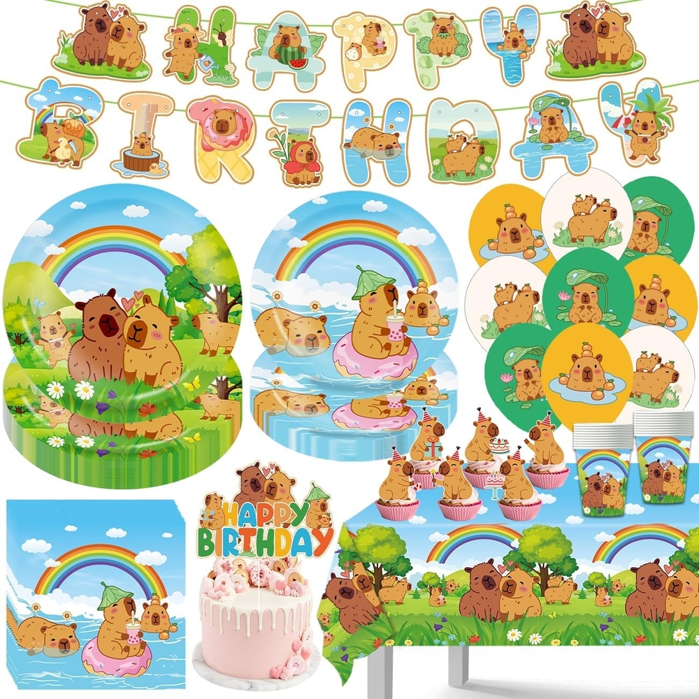 Capybara Themed Party Supplies Disposable Tableware Set - Multicolor